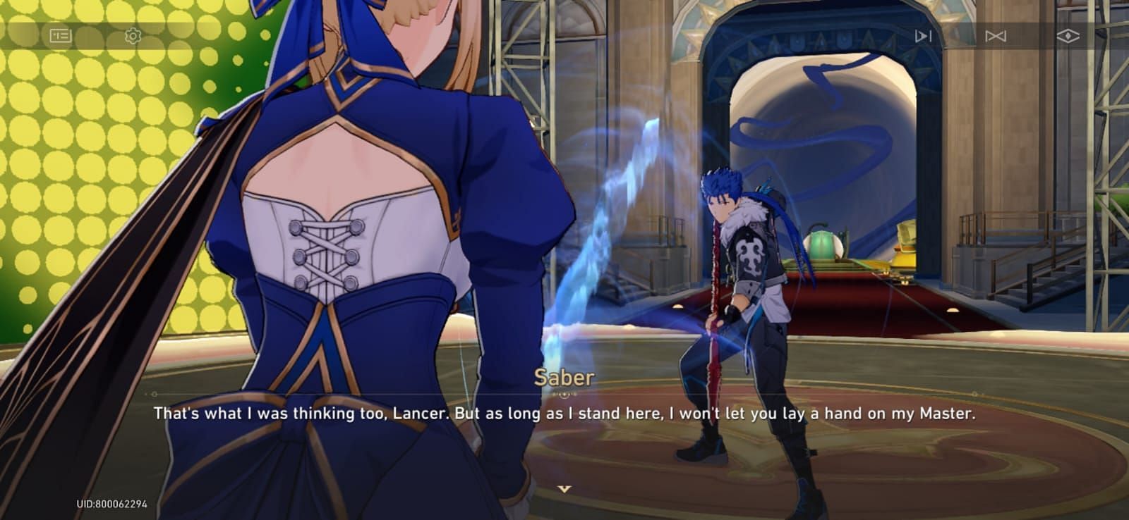 Saber, being Trailblazer's Servant, blocks Lancer's attack (Image via HoYoverse)